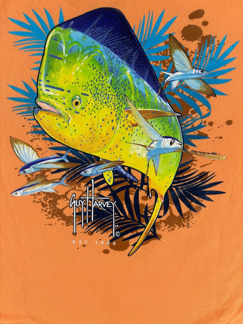 Guy Harvey Mens Graphic Mahi Palms Fishing T- Shirt SEE DESC - Orange - Large